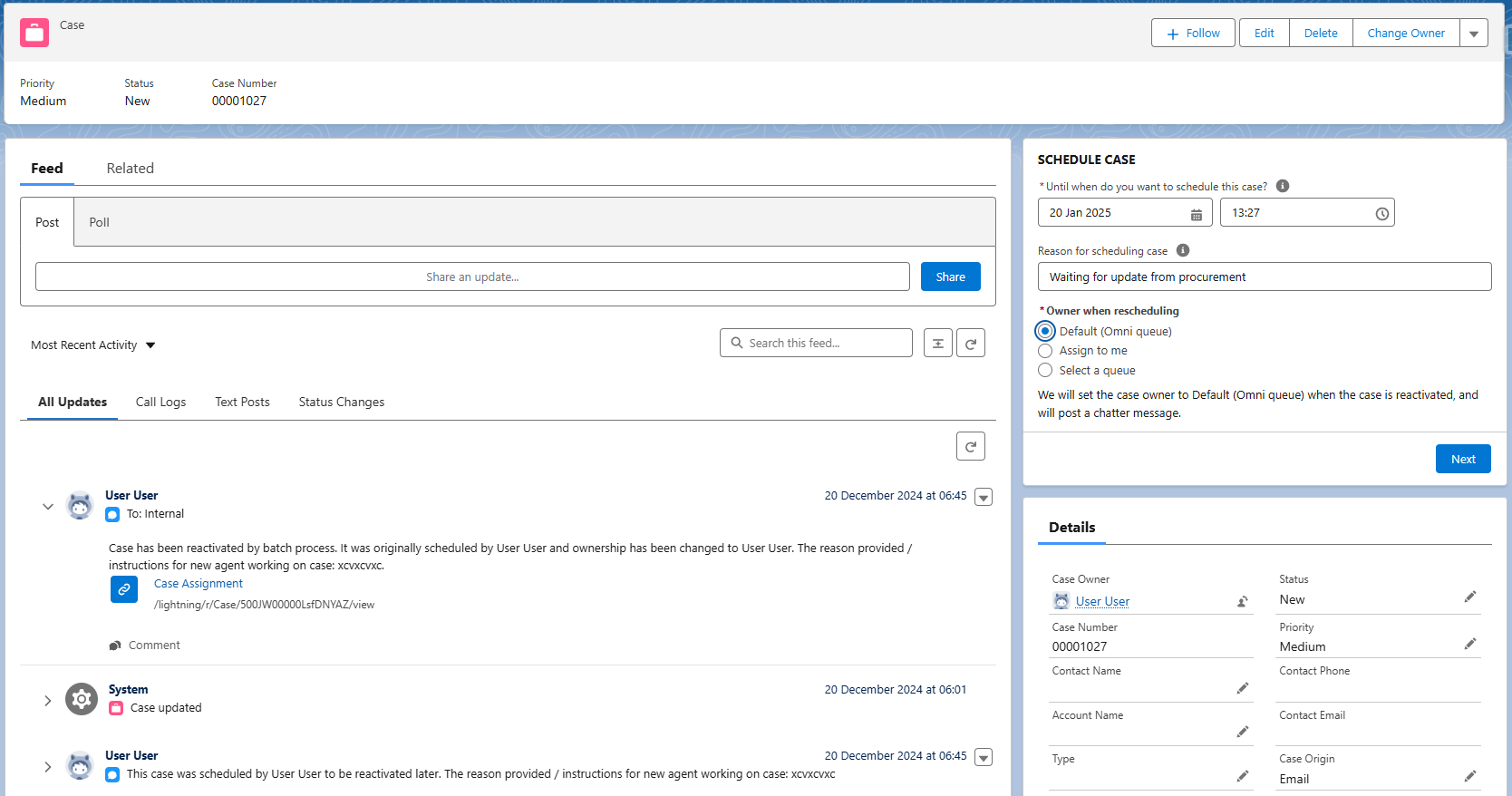 Case record page with the case feed on the left and the Schedule Case component in the right sidebar