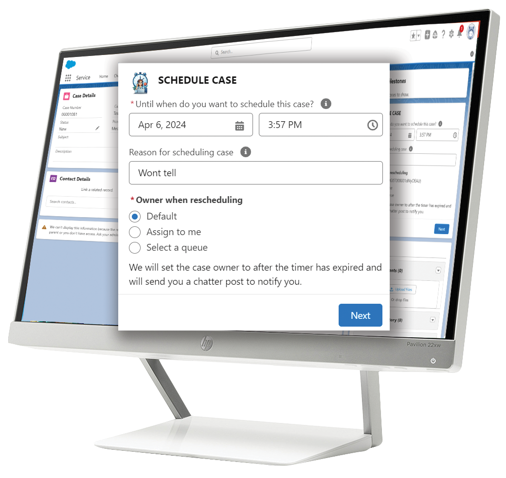 Monitor showing the JB Case Scheduler dialog inside Salesforce Service Cloud
