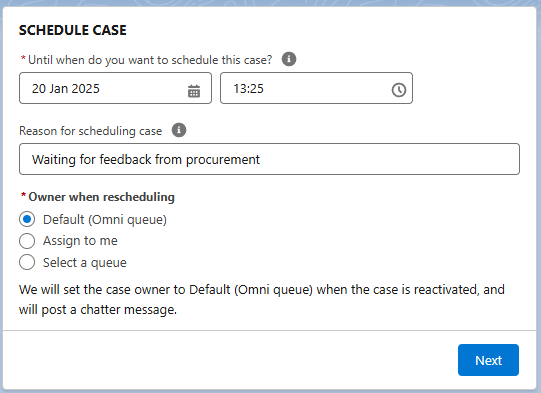 Schedule Case dialog with date 20 Jan 2025, time 13:25, a reason field and three owner options