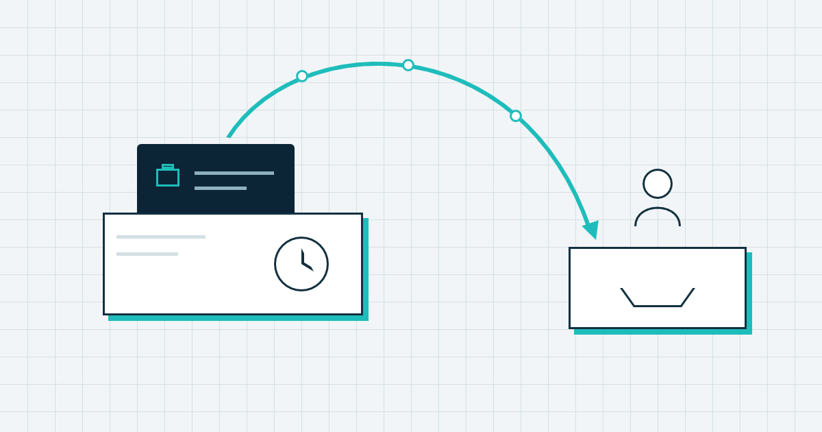 A case card with a navy header and a clock, on a drafting grid. A turquoise arrow curves from the card to a queue tray with an agent above it.