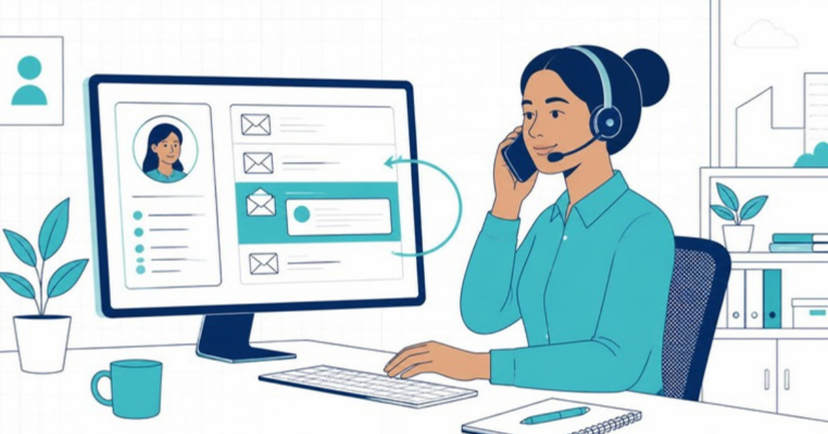 A service agent with a headset on a call, with a contact record on screen listing the emails the customer received, one of them open.